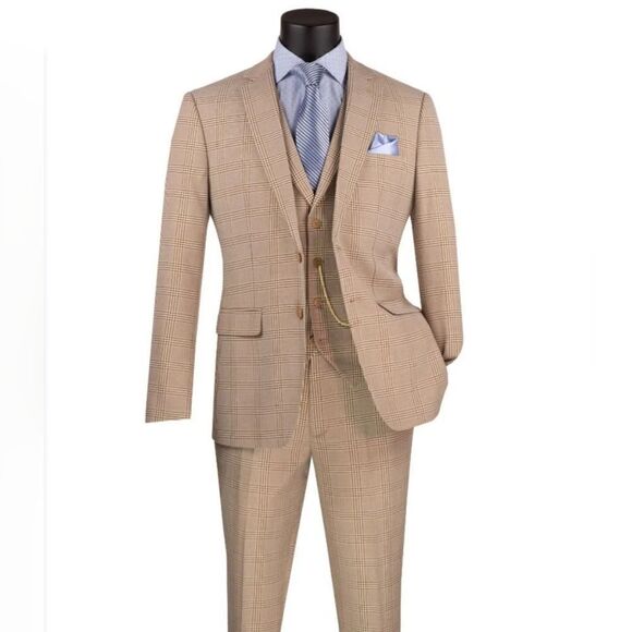 MEN'S VINCI 3 PIECE SLIM FIT SUIT BEIGE GLEN PLAID SV2W6. - Picture 1 of 1